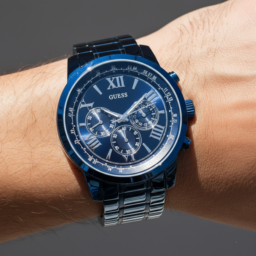 Close up shot of Guess Horizon W0379G5 watch on wrist showing the blue dial and roman numerals