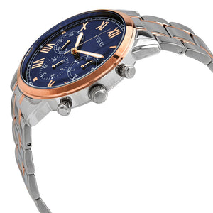 Angled view of the Guess W0379G7 highlighting the polished silver and rose gold finish