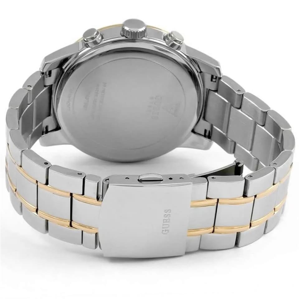 Back view of the Guess W0379G7 watch showing the stainless steel caseback and Horizon details