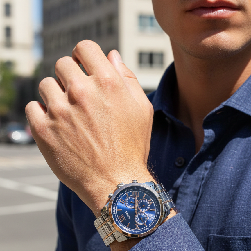 Man wearing Guess Horizon W0379G7 two-tone watch with a luxury suit