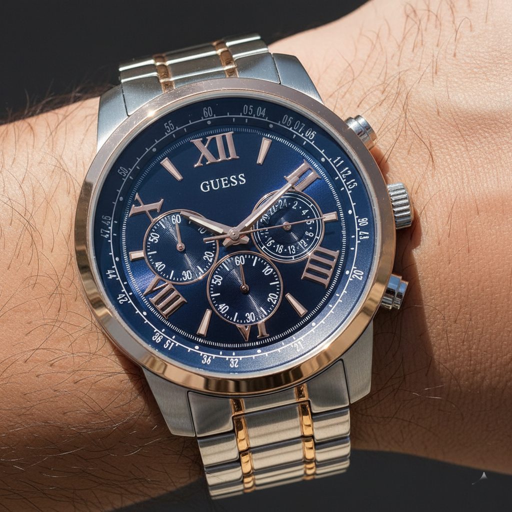 Close up shot of Guess Horizon W0379G7 watch on wrist showing the blue sunray dial and rose gold roman numerals