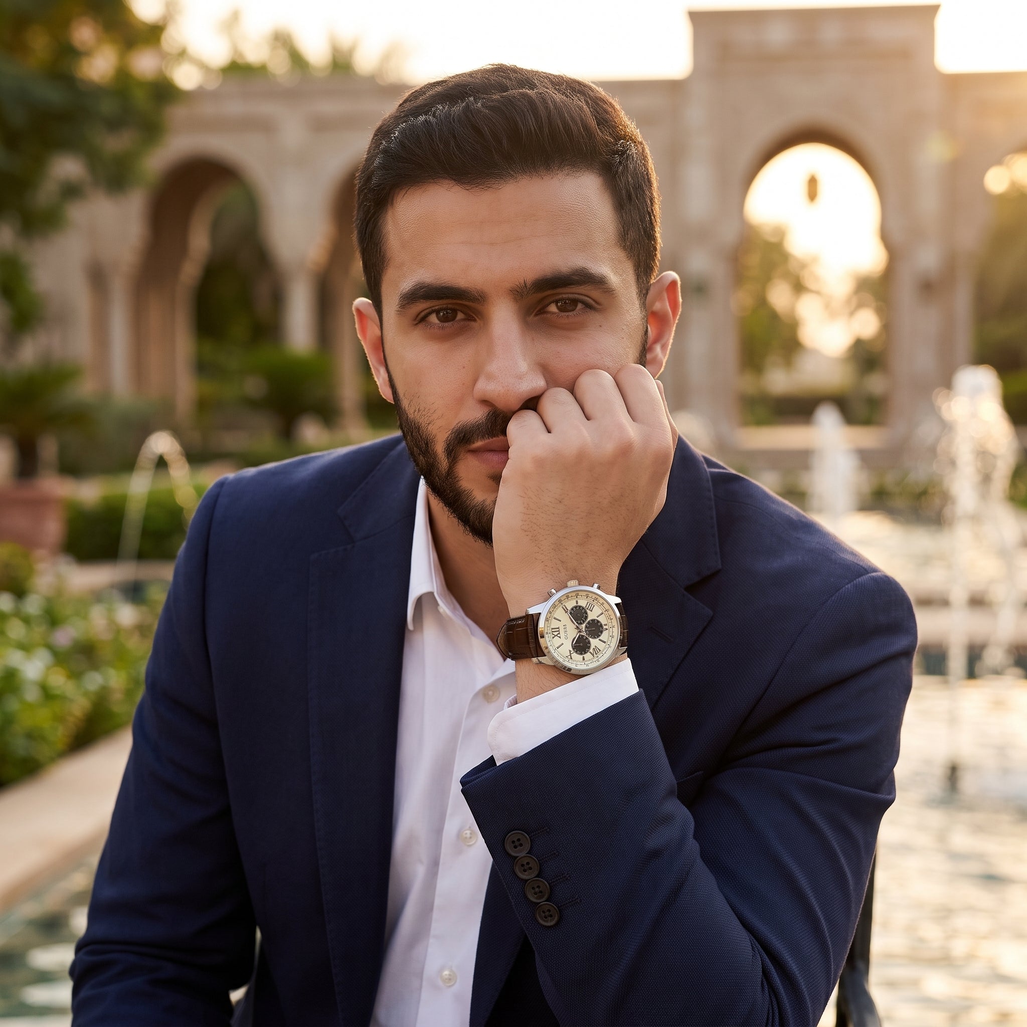 Lifestyle photo of Guess Horizon W0380G1 watch on a man's wrist