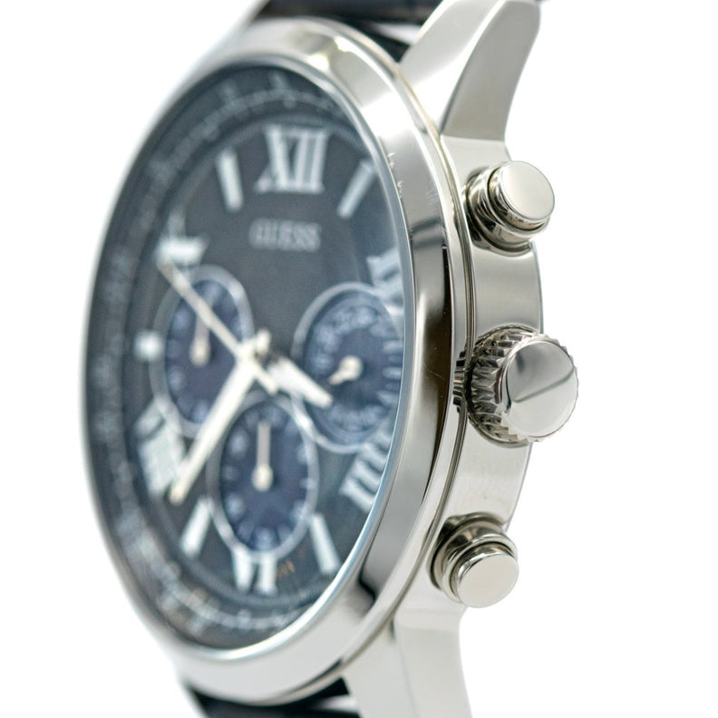 Angled view of the Guess W0380G3 highlighting the polished silver finish and 45mm case