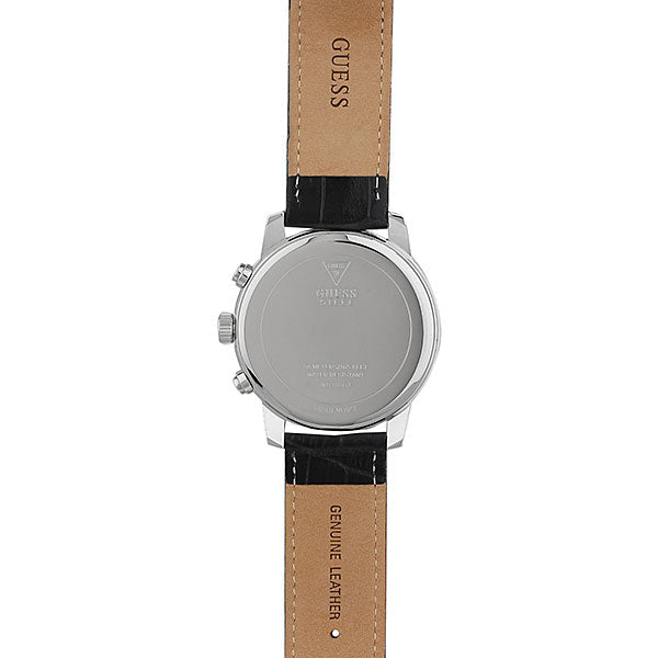 Back view of the Guess W0380G3 watch showing the stainless steel caseback and Horizon details