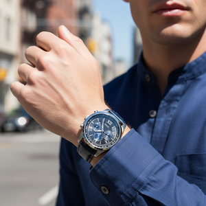 Man wearing Guess Horizon W0380G3 silver watch with a navy blue suit