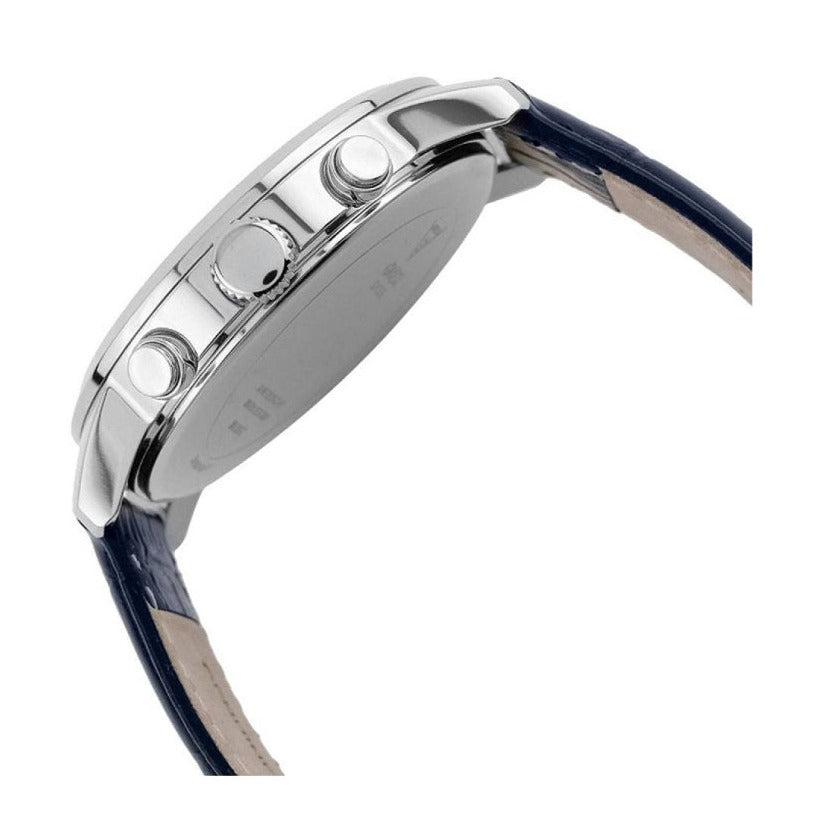 Side profile view of the 11mm thick silver stainless steel case of the Guess Horizon watch