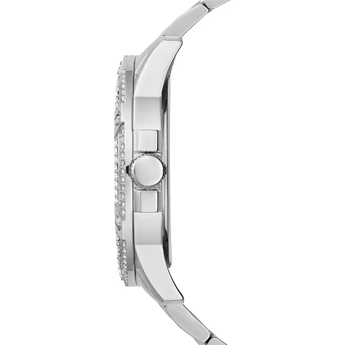 Detailed side view of the silver crown and pushers on the Guess GW0497G1