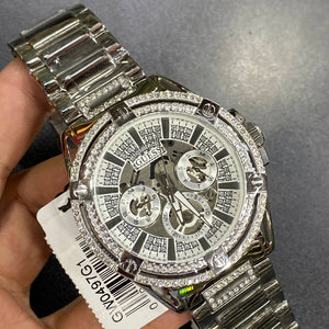 Authentic real-life photo of the Guess King GW0497G1 watch showing actual silver shine and crystals