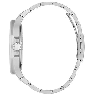 Side profile view of the 12mm thick silver stainless steel case of the Guess King watch