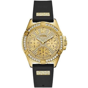 Guess Lady Frontier W1160L1 women's watch with gold crystal case and black rubber strap