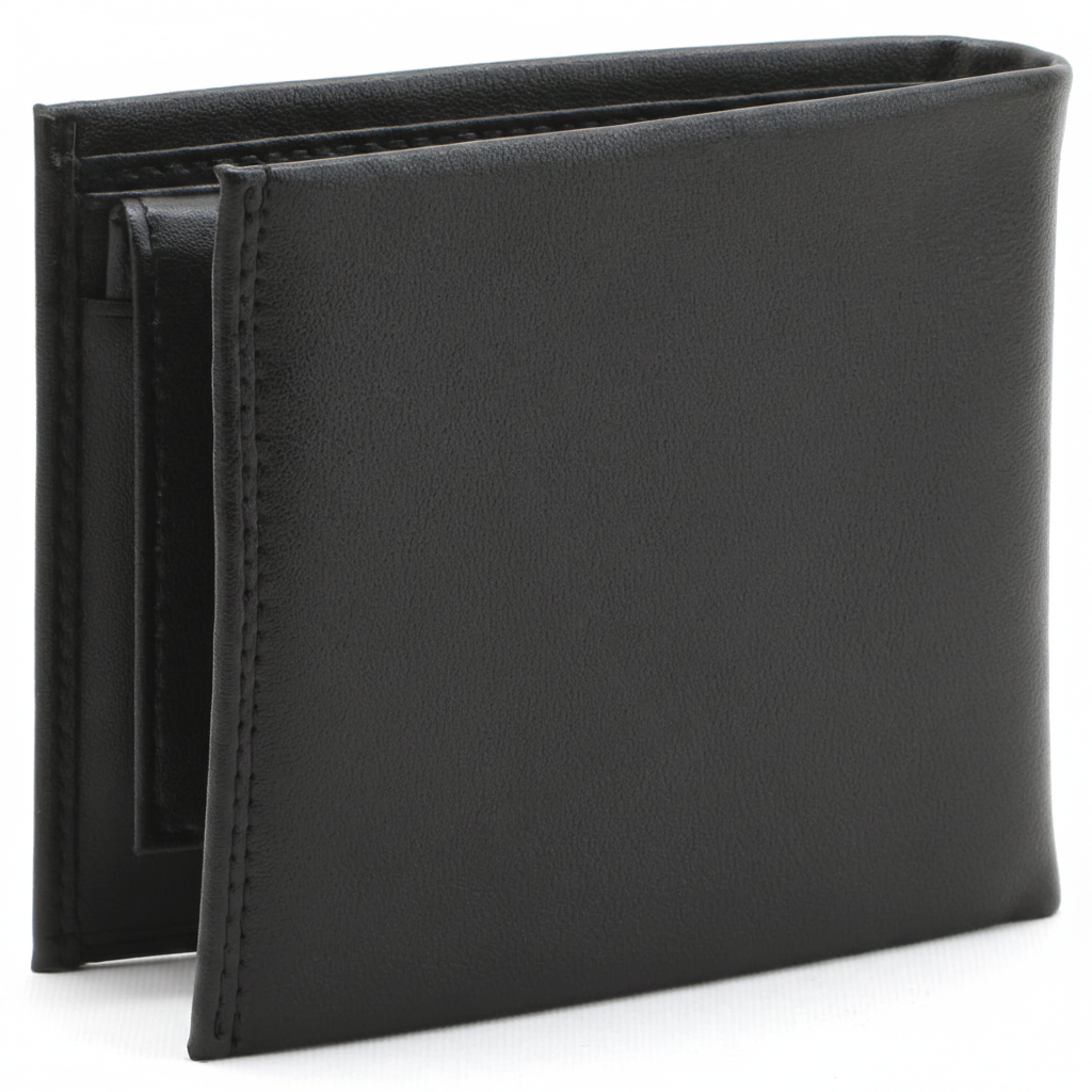 Rear view of a closed Guess men's black smooth leather bifold wallet showing the continuous premium texture and clean stitching details