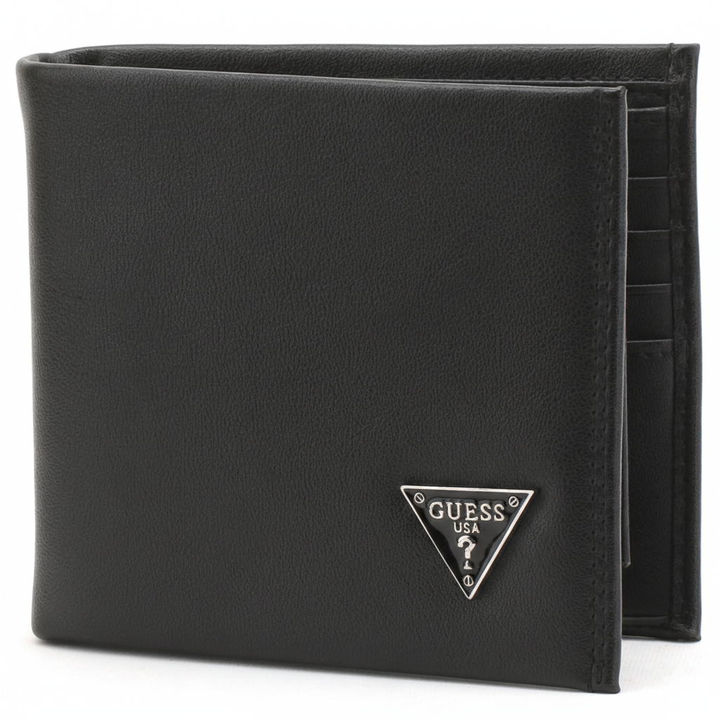 Straight-on front view of a Guess men's black smooth leather bifold wallet featuring the iconic small silver metal triangle logo in the corner