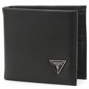 Straight-on front view of a Guess men's black smooth leather bifold wallet featuring the iconic small silver metal triangle logo in the corner