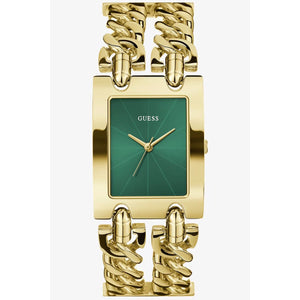 Guess Mod Heavy Metal GW0740L2 ladies watch with gold rectangular case, chain bracelet, and emerald green dial