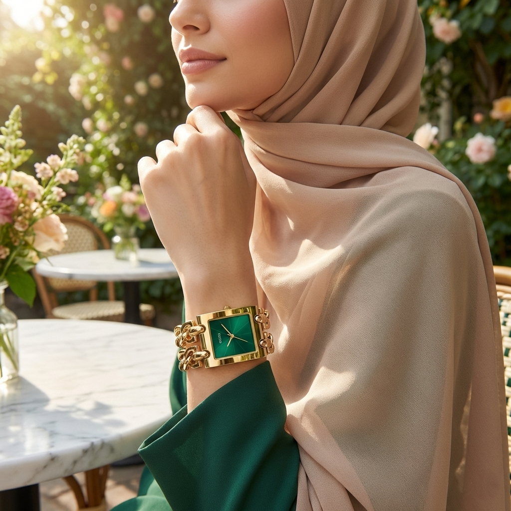 Woman wearing Guess Mod Heavy Metal GW0740L2 gold and green watch with a trendy colorful outfit