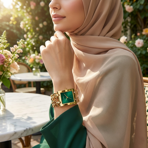 Woman wearing Guess Mod Heavy Metal GW0740L2 gold and green watch with a trendy colorful outfit