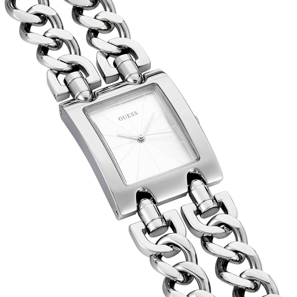 Angled view of the Guess W1117L1 highlighting the smooth silver bezel and rectangular shape