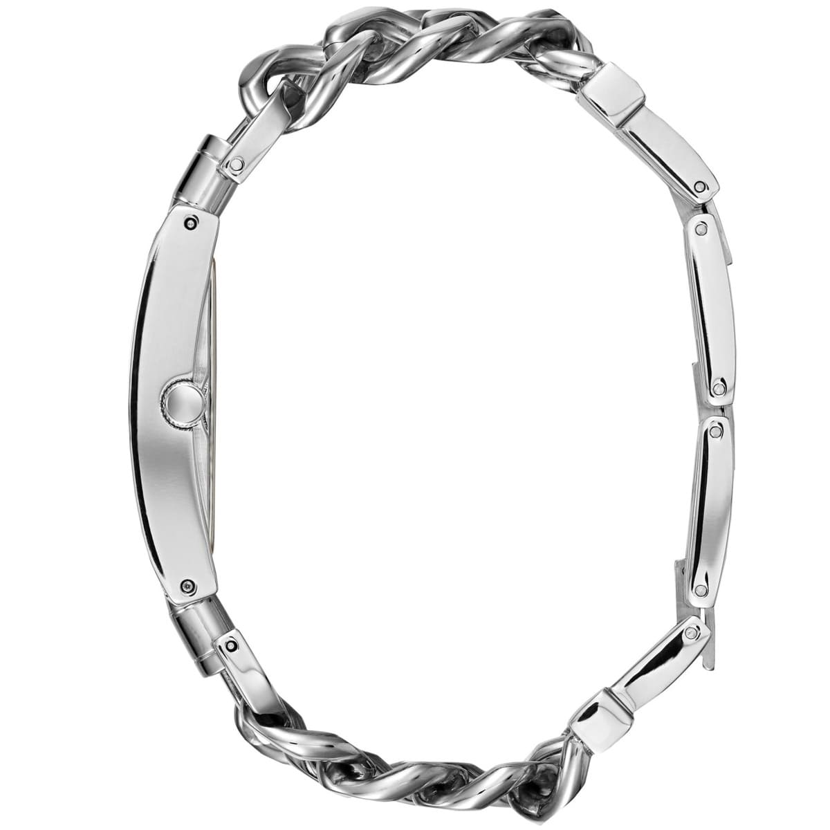 Detailed side view of the silver crown on the Guess W1117L1