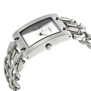 Side profile view of the 8mm slim silver case of the Guess Mod Heavy Metal watch