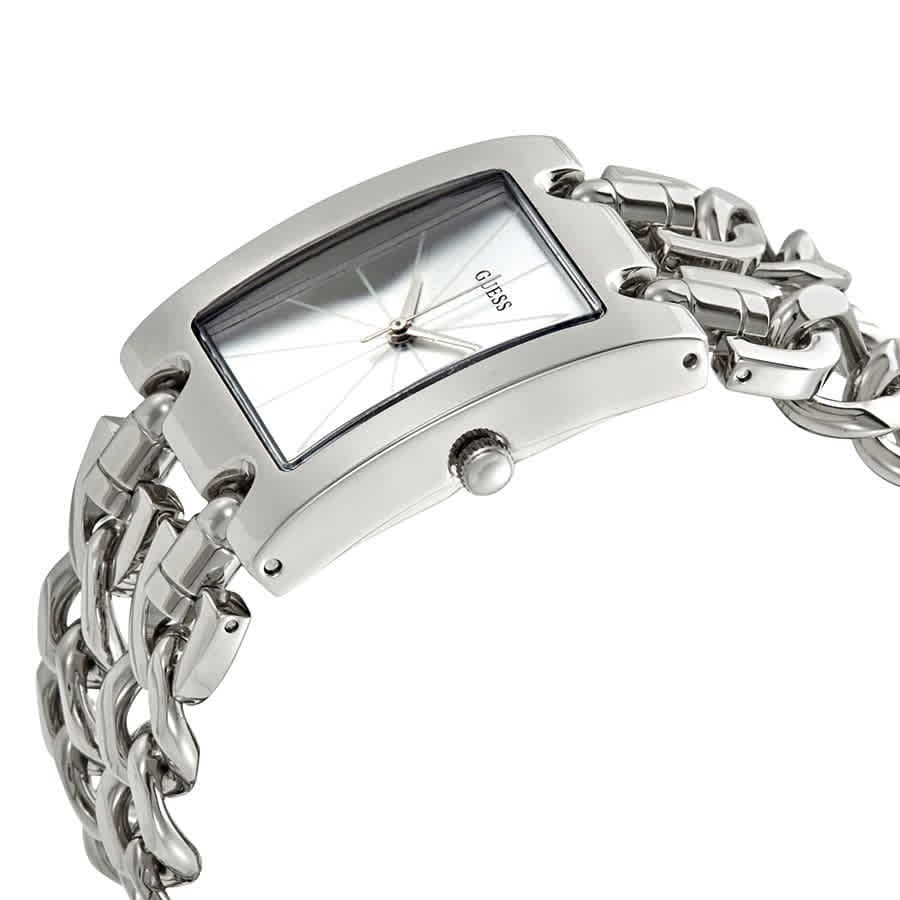 Side profile view of the 8mm slim silver case of the Guess Mod Heavy Metal watch