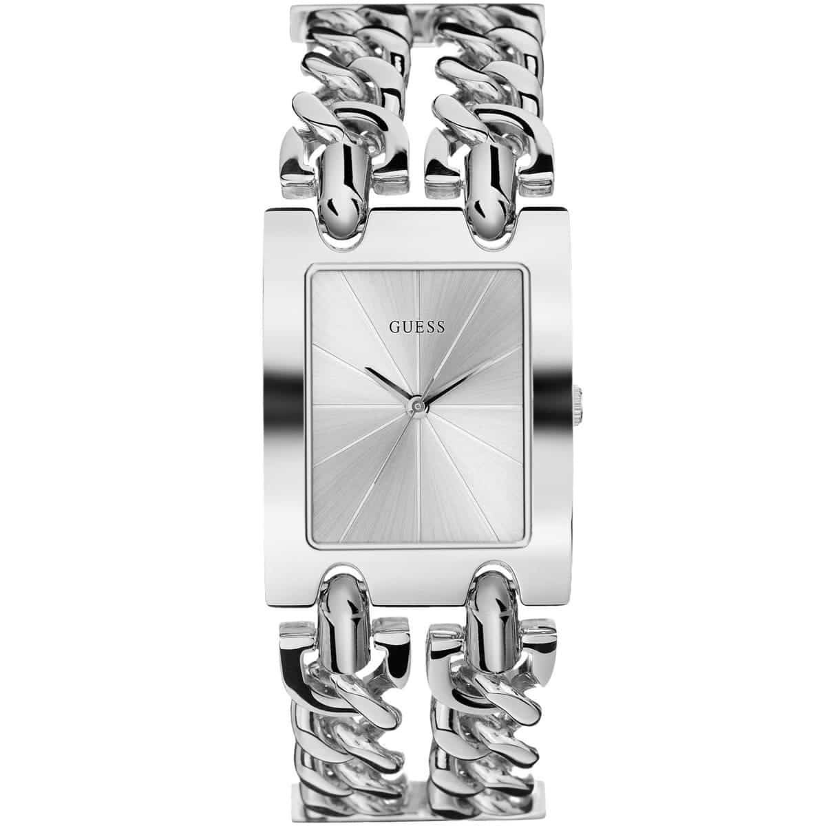 Guess Mod Heavy Metal W1117L1 ladies watch with polished silver rectangular case and chain bracelet
