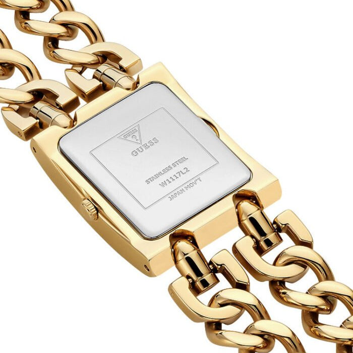 Back view of the Guess W1117L2 watch showing the stainless steel caseback and Heavy Metal details