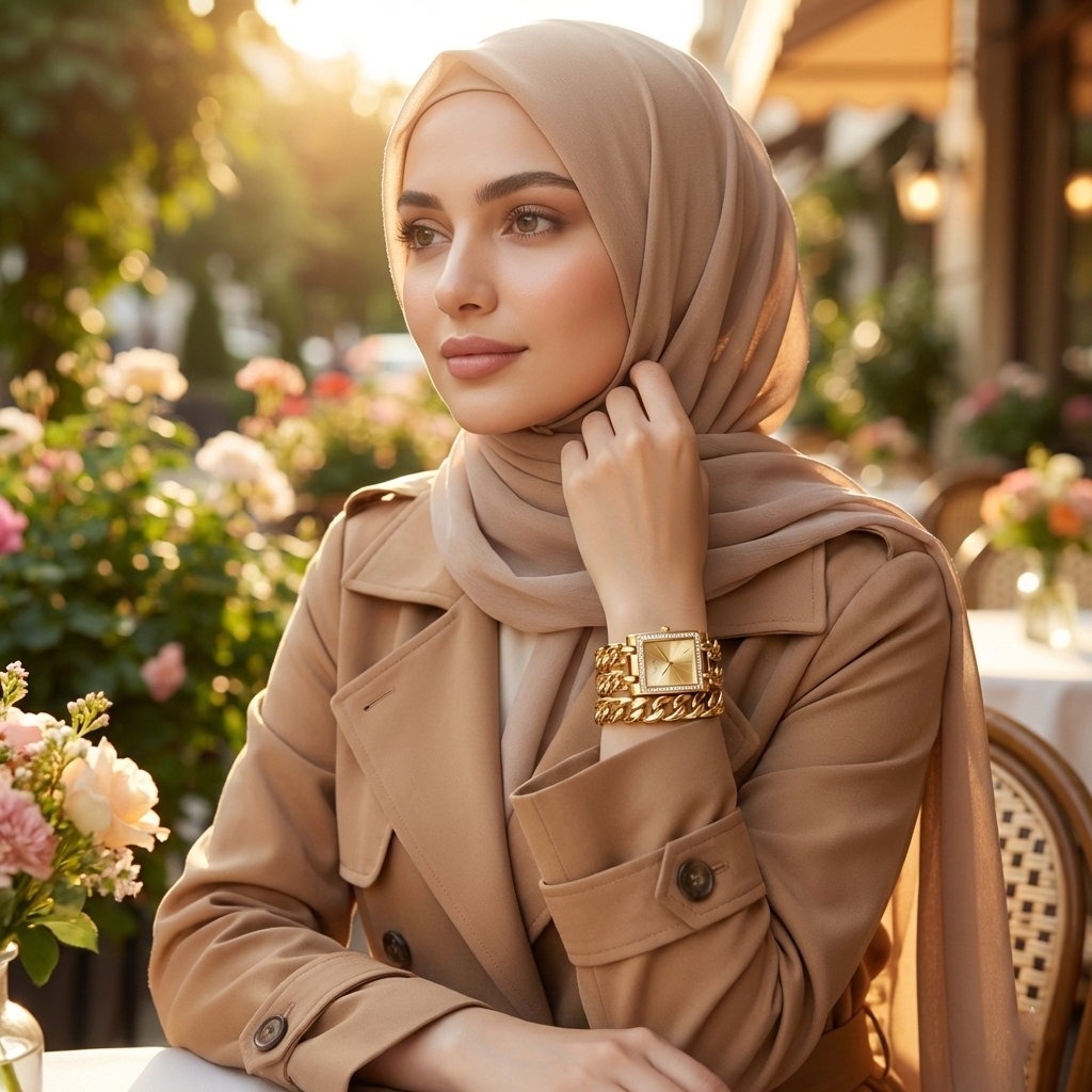 Woman wearing Guess Mod Heavy Metal W1117L2 gold watch with a chic modern outfit