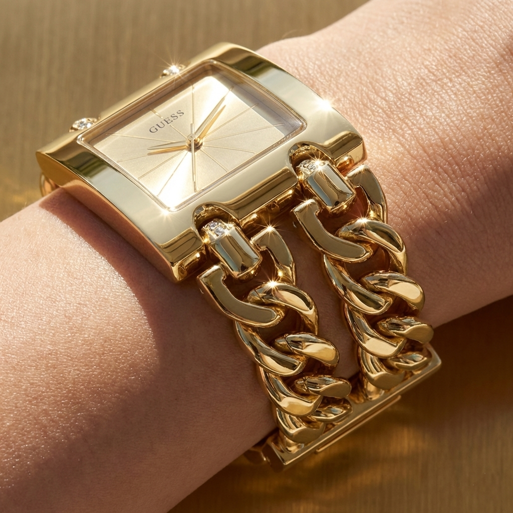 Close up shot of Guess W1117L2 watch on wrist showing the minimalist gold dial and polished bezel