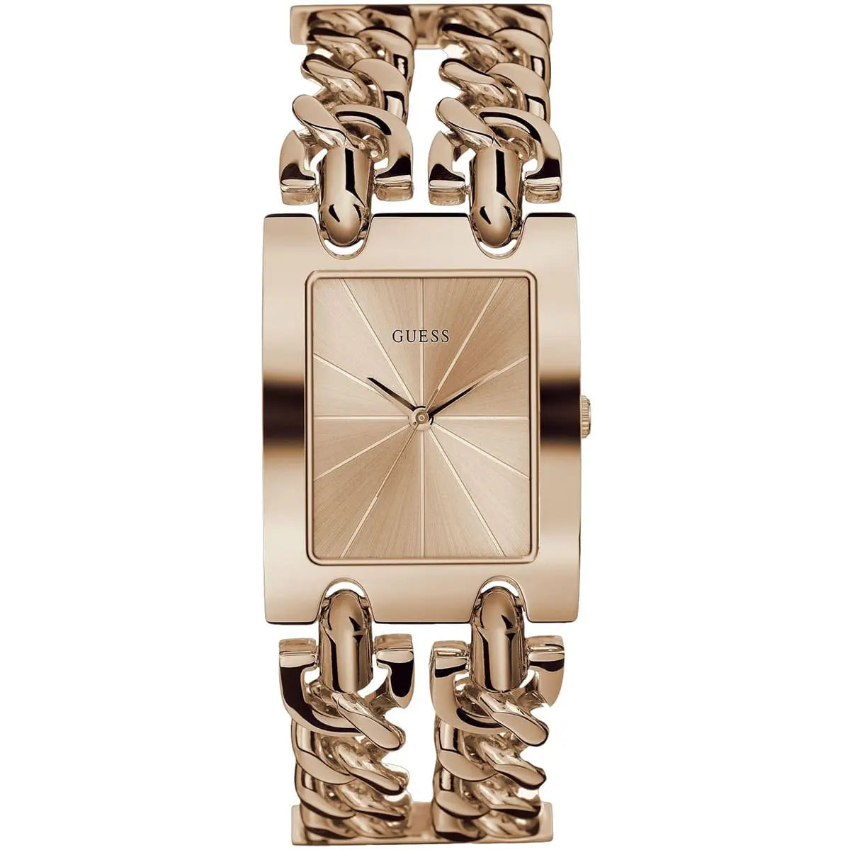 Guess Mod Heavy Metal W1117L3 ladies watch with polished rose gold rectangular case and chain bracelet