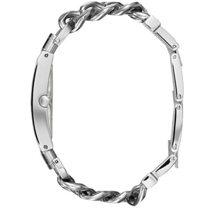 Left side perspective of the Guess Heavy Metal W1121L1 chain bracelet and rectangular case