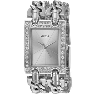 Angled view of the Guess W1121L1 highlighting the polished silver finish and crystal setting
