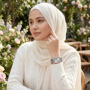 Woman wearing Guess Mod Heavy Metal W1121L1 silver watch with a glamorous evening outfit