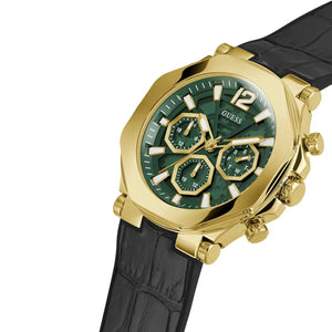 Left side perspective of the Guess Momentum GW0492G3 green dial and black leather strap
