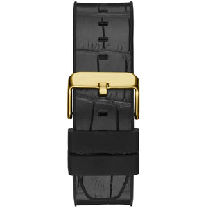 Gold-tone stainless steel buckle clasp with Guess logo on the leather strap of the GW0492G3