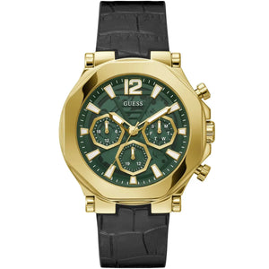 Guess Momentum GW0492G3 men's watch with gold octagonal case, green dial, and black leather strap