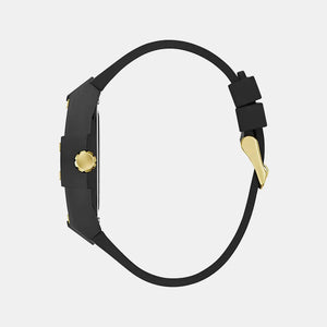 Black smartwatch with gold accents on a white background