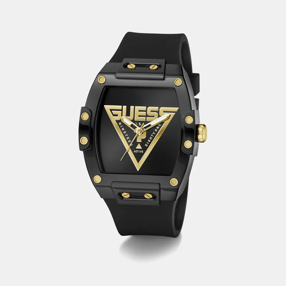 Black watch with gold accents and Guess logo on a white background