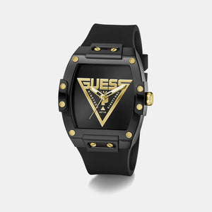 Black watch with gold accents and Guess logo on a white background