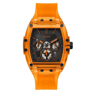 Guess Phoenix GW0203G10 men's watch with orange translucent polycarbonate case and rubber strap