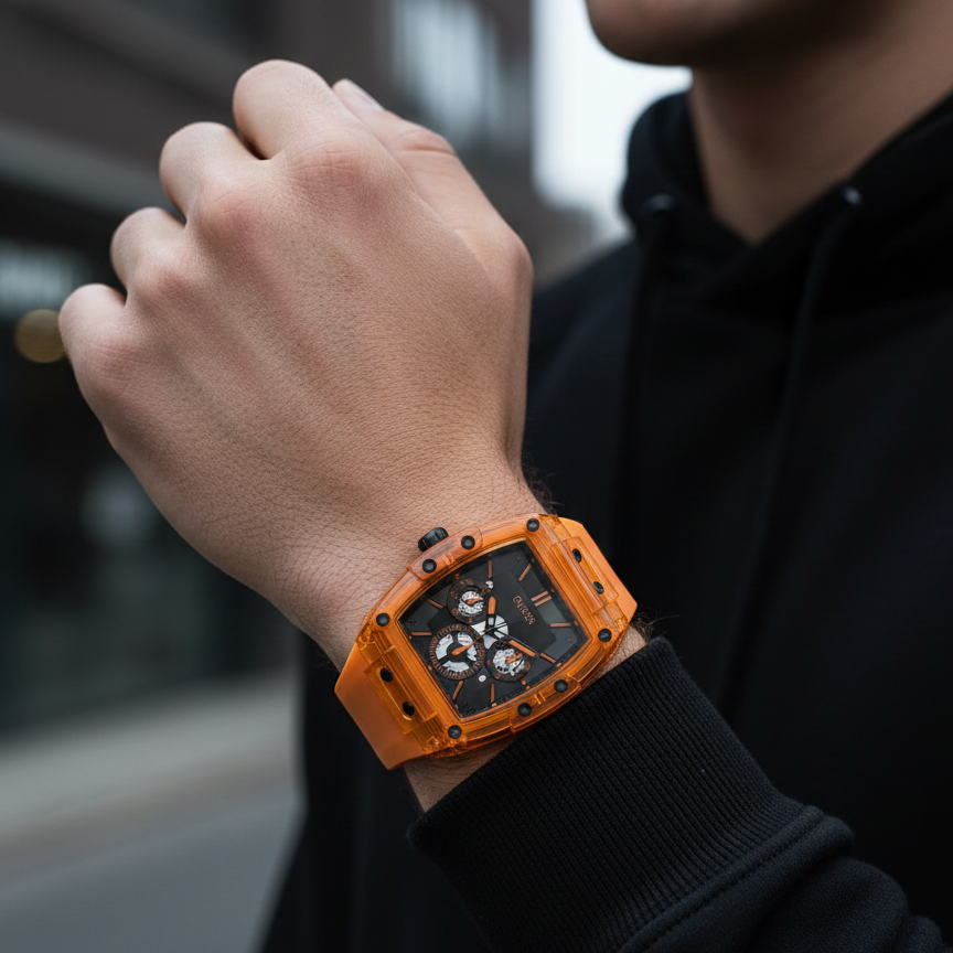 Close up shot of Guess Phoenix GW0203G10 watch on wrist showing the black multifunction dial and orange details