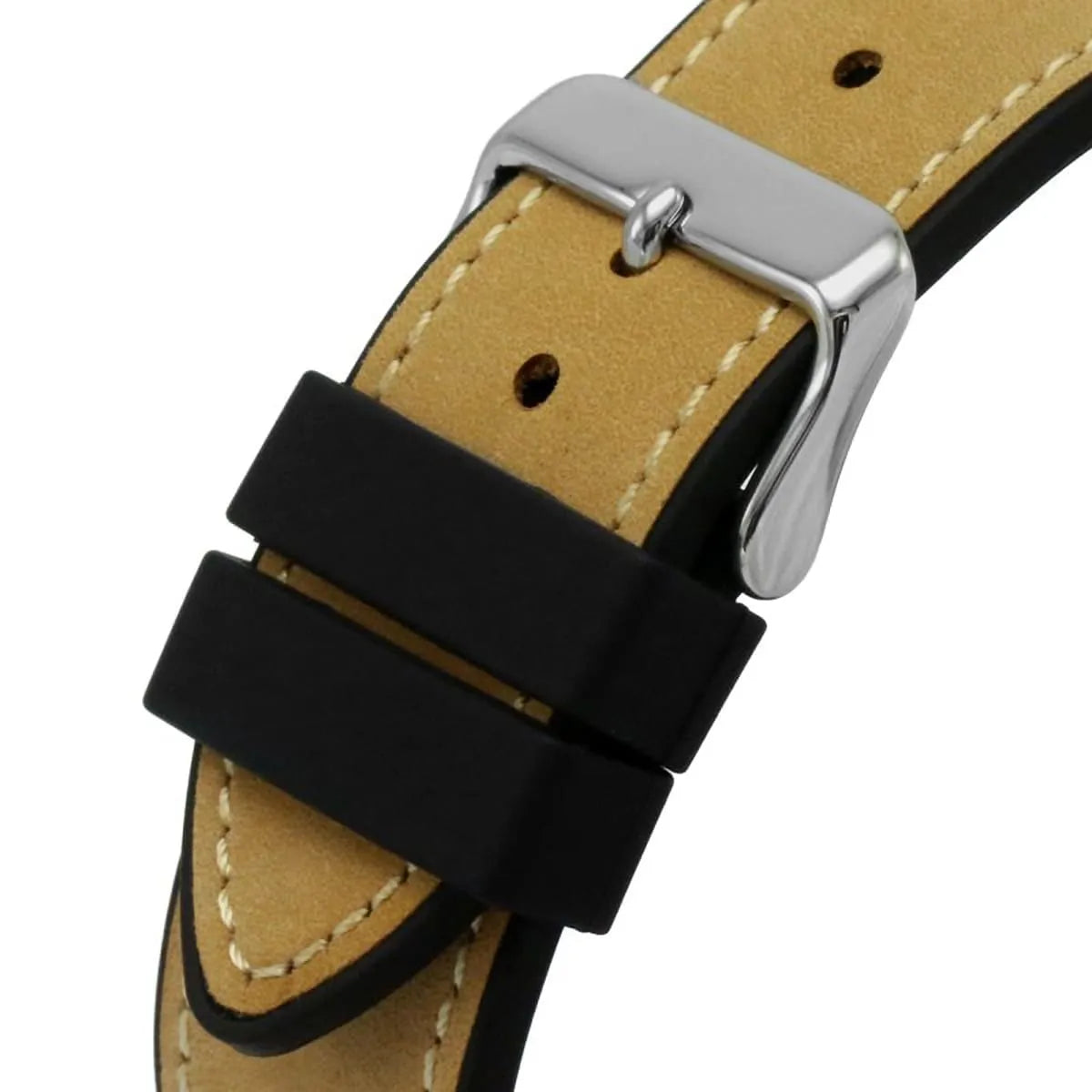 Silver tone buckle clasp on the brown rubber strap of the GW0202G3