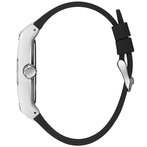 Side profile view of the 11mm thick silver stainless steel case of the Guess Phoenix watch