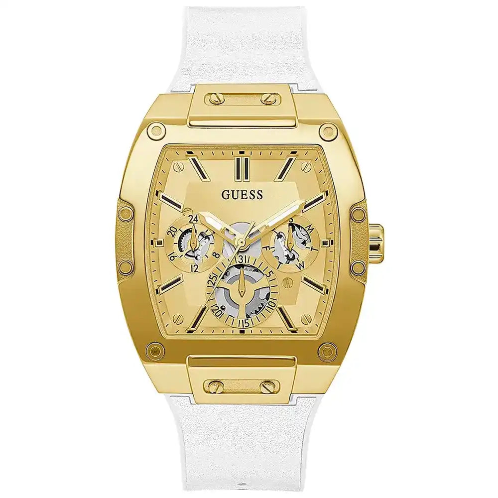 Guess Phoenix GW0202G6 men's watch with gold-tone case and white rubber strap