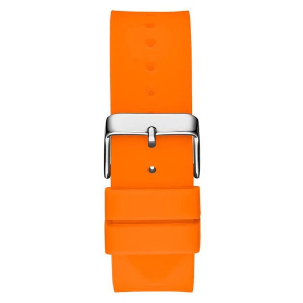 Black stainless steel buckle clasp on the orange rubber strap of the GW0203G10