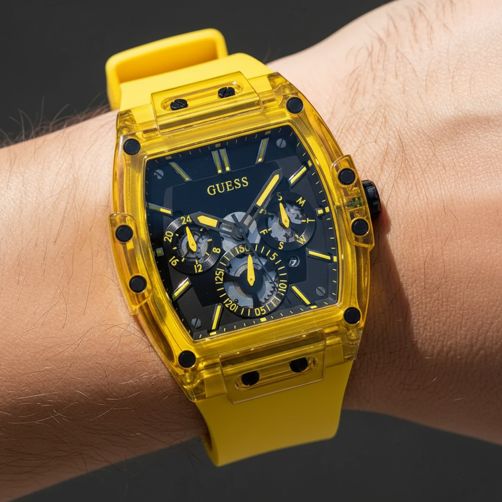 Close up shot of Guess Phoenix GW0203G6 watch on wrist showing the black dial and yellow accents