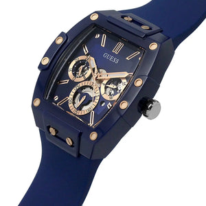 Angled view of the Guess GW0203G7 highlighting the barrel-shaped blue case and screws