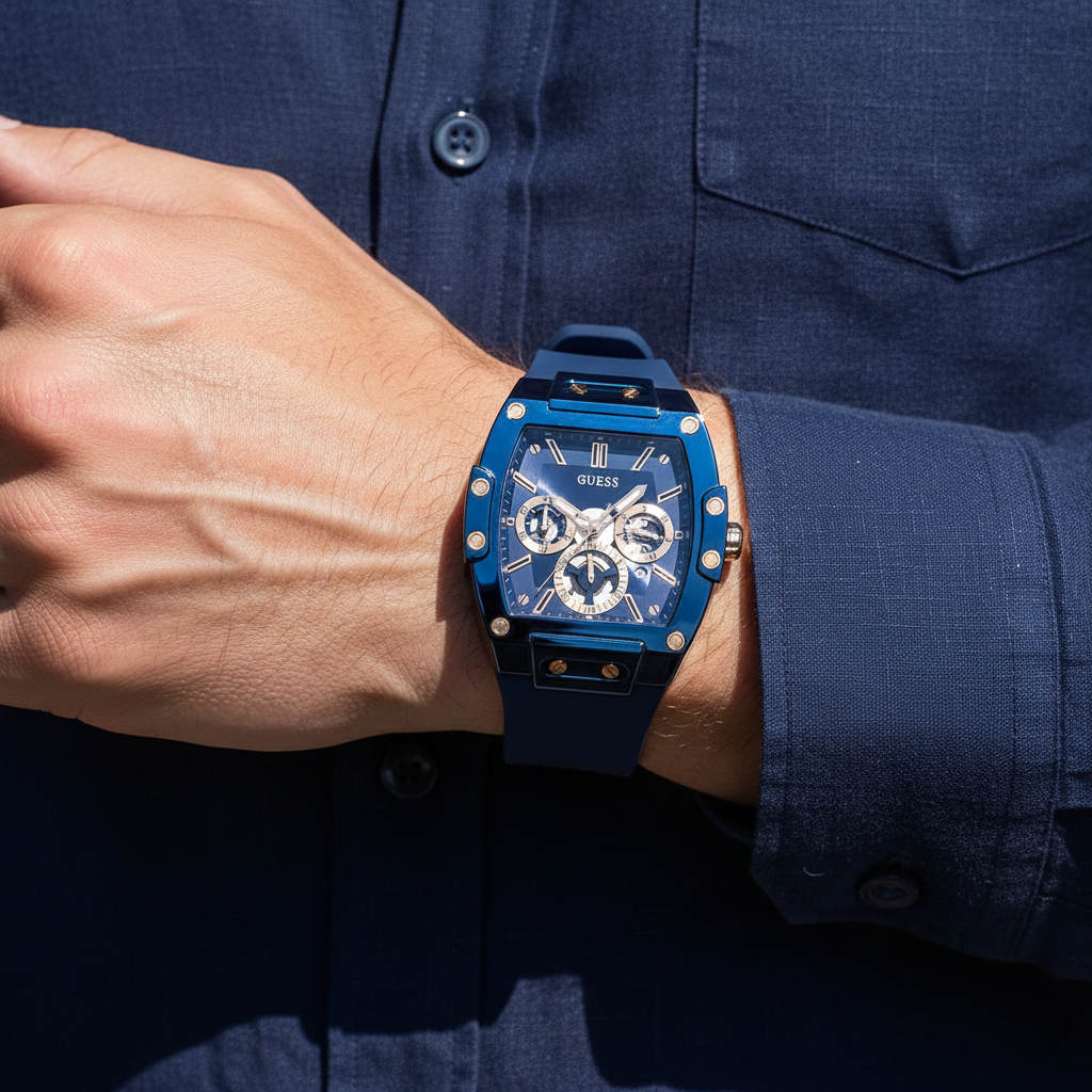 Close up shot of Guess Phoenix GW0203G7 watch on wrist showing the blue skeleton dial and rose gold hands