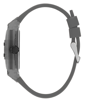 Left side perspective of the Guess Phoenix GW0203G9 grey rubber strap connection
