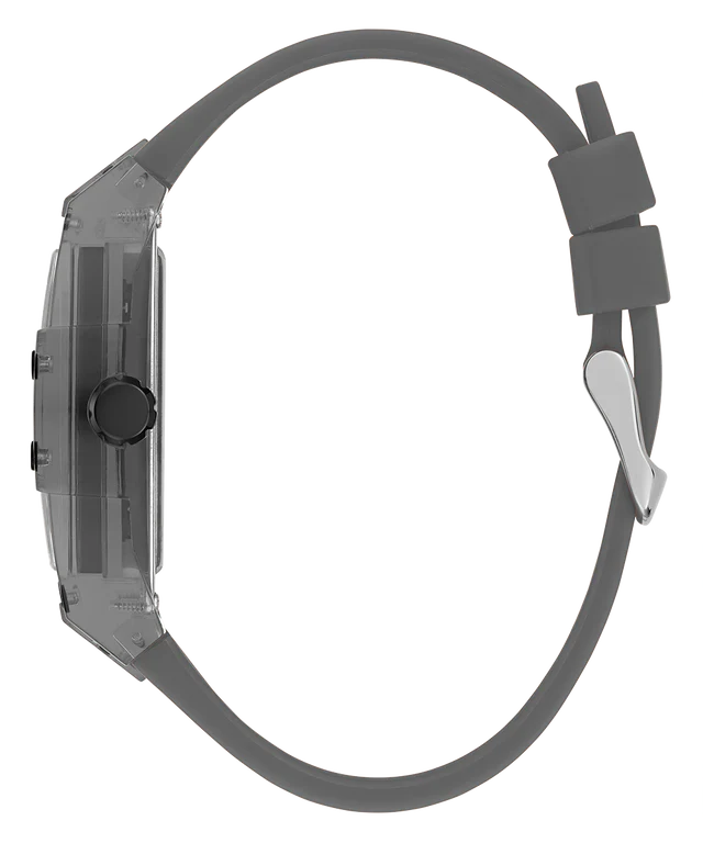 Left side perspective of the Guess Phoenix GW0203G9 grey rubber strap connection