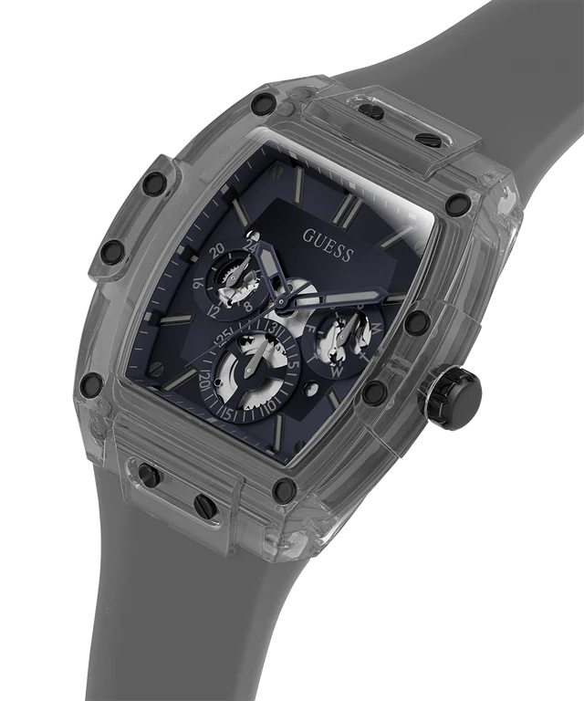 Angled view of the Guess GW0203G9 highlighting the barrel-shaped translucent smoke case